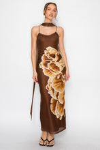 Brown Eclipse Scarf Rouched Mesh Print Maxi Dress