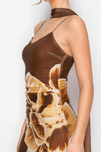 Brown Eclipse Scarf Rouched Mesh Print Maxi Dress