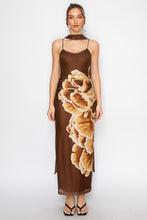 Brown Eclipse Scarf Rouched Mesh Print Maxi Dress