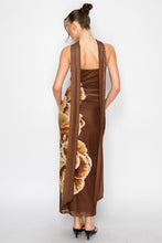 Brown Eclipse Scarf Rouched Mesh Print Maxi Dress