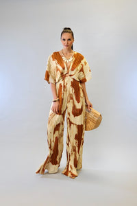 Beige Combo V-Neck Drop Shoulder W/ O-Ring Attached Pleated Jumpsuit