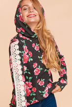 Floral Printw/Crochet Lace Knit Hooded Top