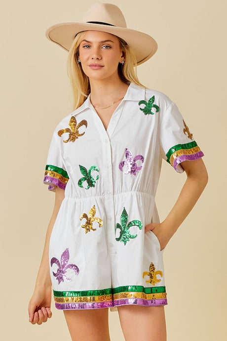 White Mardi Gras Sequin Trim Solid Romper