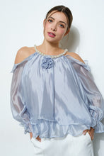 Dusty Blue Off-Shoulder Pearl Accent Organza Ruffle Blouse