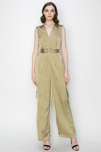 Olive Satin V-Neck Side Pockets Cargo Pants Jumpsuit