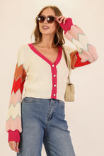 Cream Multi Chevron Colorblock Knit Cardigan