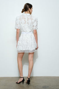 White Short Puff Sleeve Floral Lace Belted Mini Dress