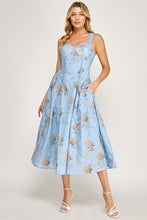 Blue Multi Floral Print Fit & Flare Midi Dress