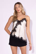 Champagne/Black Lace Trim Detailed Asymmetric Hem Cami Satin Top