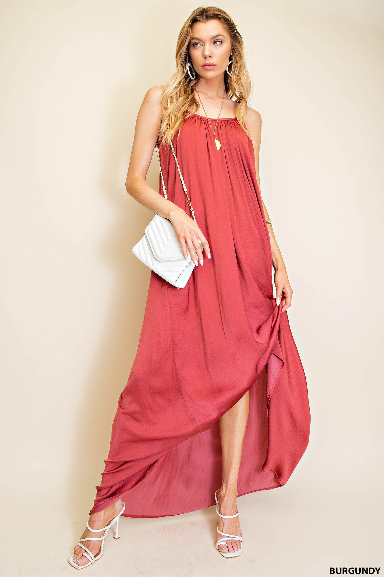Burgundy Summer Satin Cool Maxi Sundress – Aquarius Brand Burgundy Summer Satin Cool Maxi Sundress – Aquarius Brand