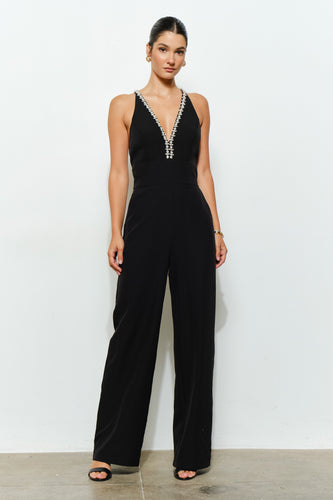 Black Crystal Trim Deep V Cross Back Jumpsuit