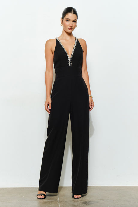 Black Crystal Trim Deep V Cross Back Jumpsuit