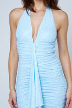 Light Blue Polka Dot Ruched Halter Midi Dress