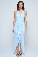 Light Blue Polka Dot Ruched Halter Midi Dress