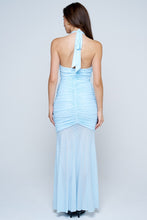 Light Blue Polka Dot Ruched Halter Midi Dress