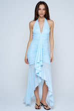 Light Blue Polka Dot Ruched Halter Midi Dress