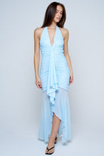 Light Blue Polka Dot Ruched Halter Midi Dress