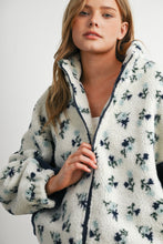 Ivory/Navy Bluebell Floral Sherpa Fleece Zip Jacket