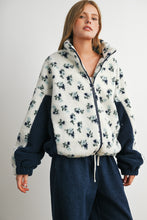 Ivory/Navy Bluebell Floral Sherpa Fleece Zip Jacket