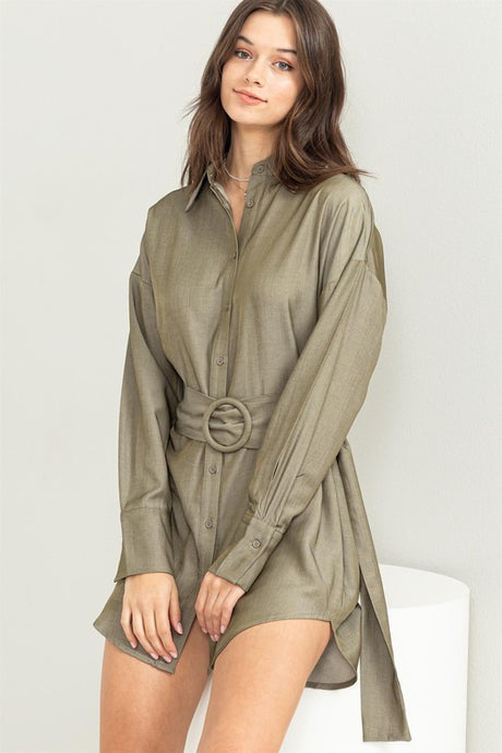 Olive Easy Win Button-Up Belted Shirt Dress
