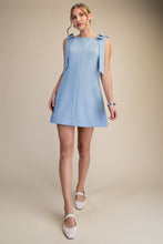 Blue Solid Shoulder Bow Dress