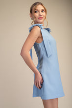 Blue Solid Shoulder Bow Dress