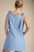 Blue Solid Shoulder Bow Dress