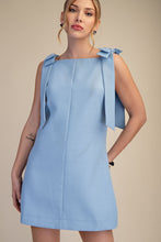 Blue Solid Shoulder Bow Dress