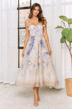 Beige Multi Floral Corset Midi Dress With 3d Flower Straps