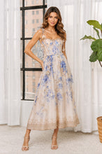 Beige Multi Floral Corset Midi Dress With 3d Flower Straps