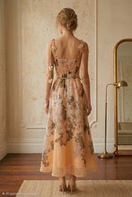 Chrome Yellow Multi Floral Mesh Midi Dress With 3d Flower Tie Straps