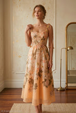 Chrome Yellow Multi Floral Mesh Midi Dress With 3d Flower Tie Straps