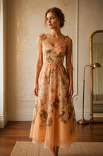 Chrome Yellow Multi Floral Mesh Midi Dress With 3d Flower Tie Straps