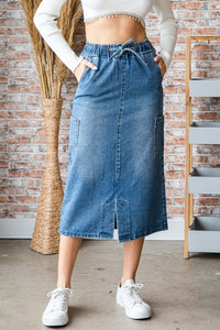 Med Wash String Cargo Pocket Denim Long Skirt