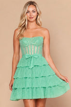 Mint Corset Tiered Glitter Mini Dress With Waist Bow