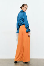 Teal Chic Satin Ruffled Jeweled Bell Sleeves Blouse Top