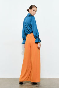 Teal Chic Satin Ruffled Jeweled Bell Sleeves Blouse Top