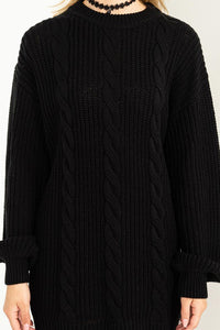Black Cable-Knit Ribbed Mini Sweater Dress