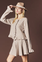 Mocha Brushed Knit Ruffle Cardigan & Pleated Mini Skirt Set