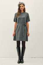 Charcoal Short Sleeve Knit Dress With Waist Belt