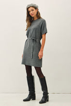 Charcoal Short Sleeve Knit Dress With Waist Belt