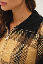 Camel Plaid Zip Up Sweater Jacket