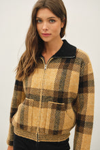 Camel Plaid Zip Up Sweater Jacket
