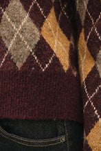 Wine Argyle Pattern Sweater Cardigan