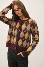 Wine Argyle Pattern Sweater Cardigan