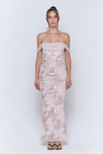 Champagne Off The Shoulder Floral Embroidered Ruched Maxi Dress