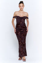 Chocolate Off The Shoulder Floral Embroidered Ruched Maxi Dress