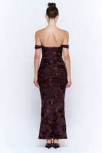 Chocolate Off The Shoulder Floral Embroidered Ruched Maxi Dress