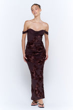 Chocolate Off The Shoulder Floral Embroidered Ruched Maxi Dress