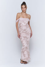 Champagne Off The Shoulder Floral Embroidered Ruched Maxi Dress